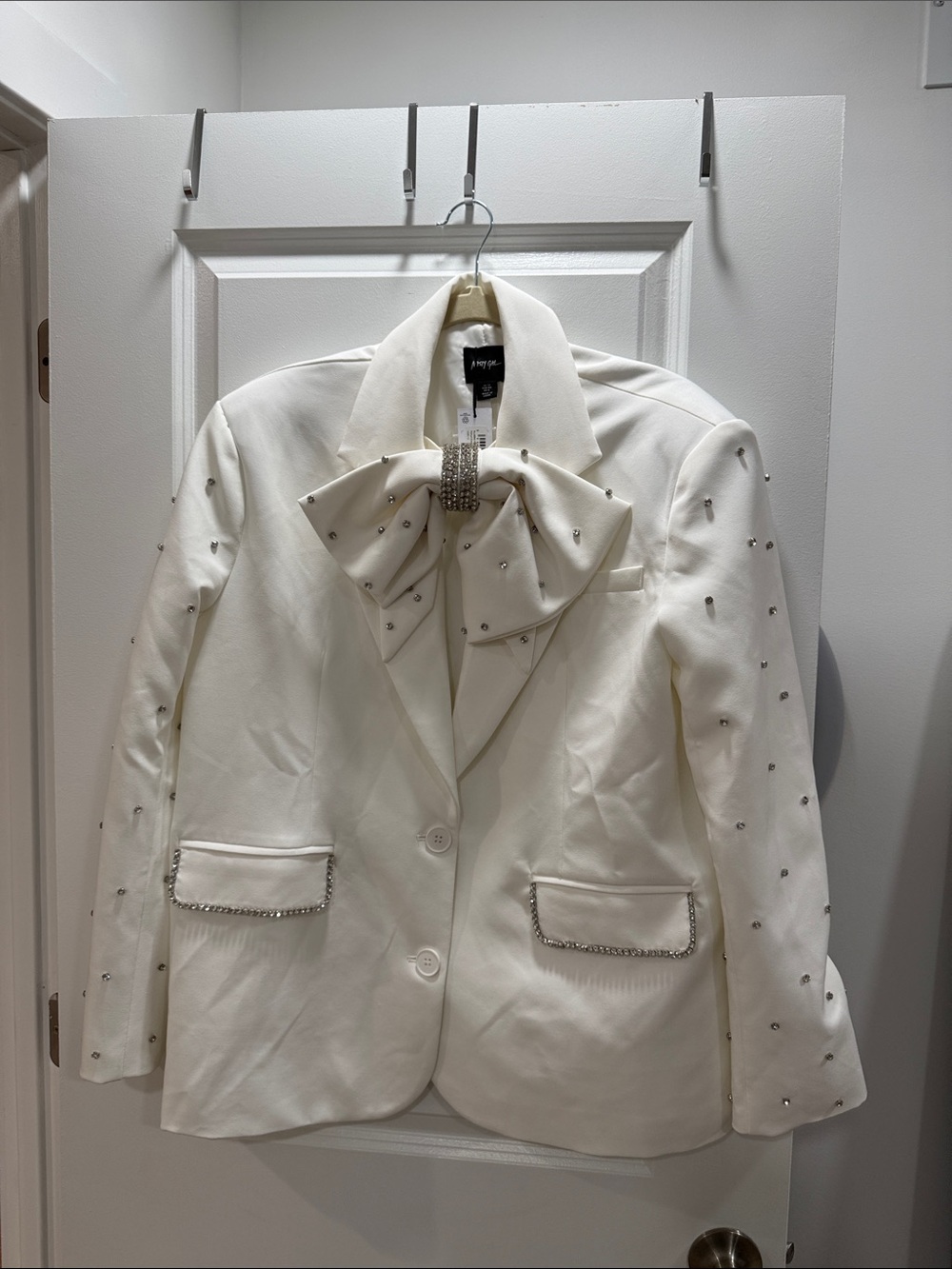 Nasty Gal Ivory Crystal-Trim Bow Blazer
